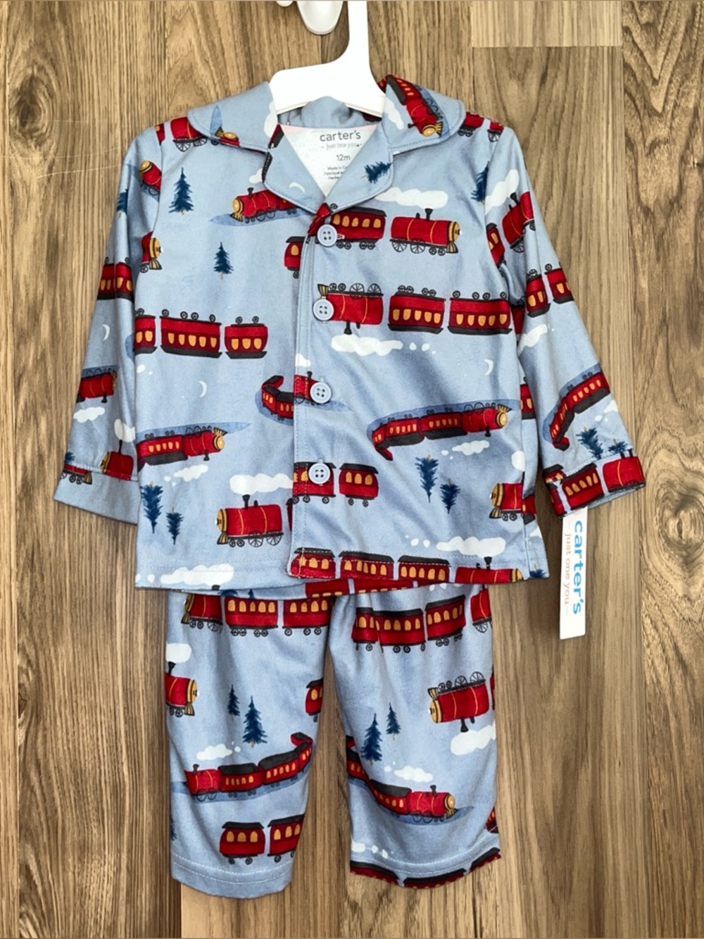 Toddler 12 Carters Holiday Train 2pc Outfit Set Long Sleeve Button Shirt & Pants